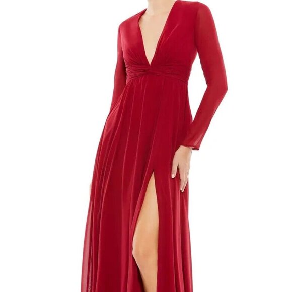 Ieena Mac Duggal Bordeaux Red Long Sleeve Empire Waist Chiffon Gown